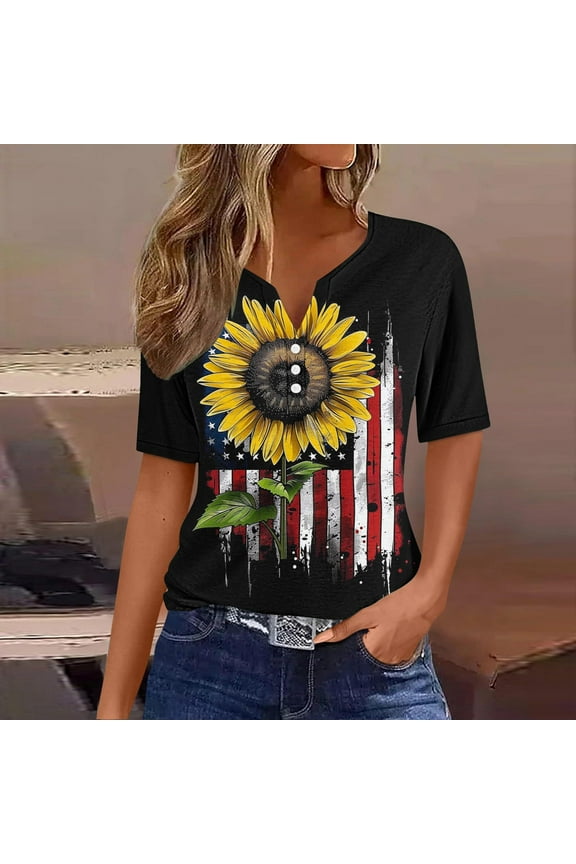 4th of July Tee Shirts Women's Patriotic American Flag Graphic T Shirts Independence Day Short Sleeve V Neck USA Flag Patriotic Memorial Day Tee