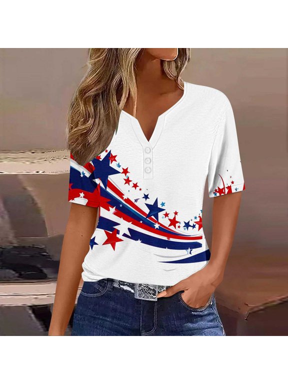 4th of July Tshirts Shirts for Women Patriotic Henley Shirts American Flag Graphic T Shirts Short Sleeve Button V Neck USA Flag Patriotic Memorial Day Tee