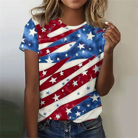 VKOYWKM 4th of July Tshirts Shirts for Women Short Sleeve Summer Tops American Flag Graphic T Shirts Casual Crew Neck Patriotic Independence Day T-Shirts Tees