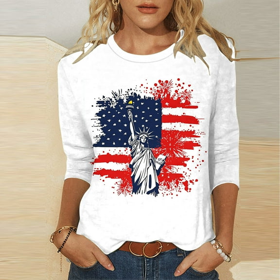 VKOYWKM 4th of July Shirt for Women 3/4 Sleeve American Flag Red White and Blue Print T Shirts Patriotic Independence Day Tops
