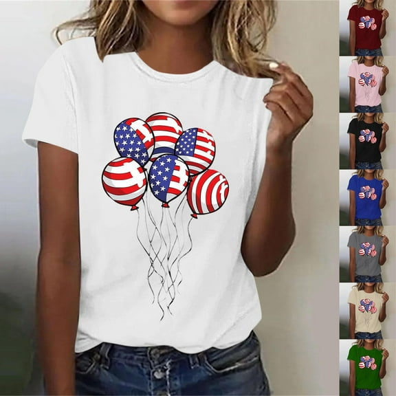 VKOYWKM 4th of July Shirts Women American Flag Star Stripe Graphic Tees Patriotic Crew Neck Independence Day Tops Casual Short Sleeve Summer T Shirts