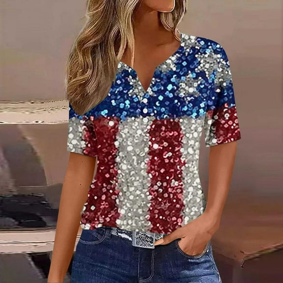 VKOYWKM 4th of July T Shirts Women American Flag Graphic Tees Henley Shirts Short Sleeve Casual Button V Neck Independence Day Patriotic Tops