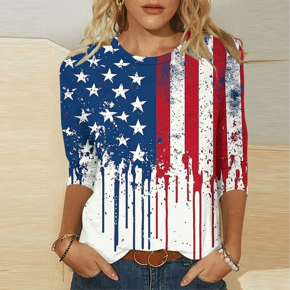 VKOYWKM 4th of July T Shirts for Women USA Flag Graphic T Shirts 3/4 Sleeve Crew Neck American Flag Tshirts Independence Day Patriotic Tunic Tops