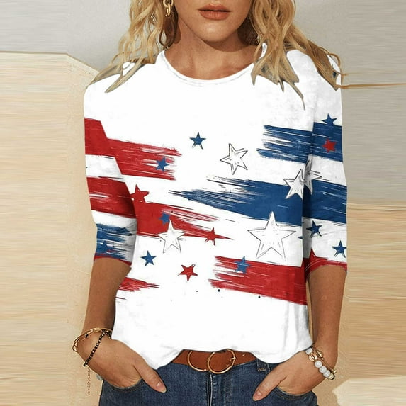 VKOYWKM 4th of July Tshirts for Women Patriotic Independence Day Tops 3/4 Sleeve Casual Crew Neck Red White and Blue Graphic Tees