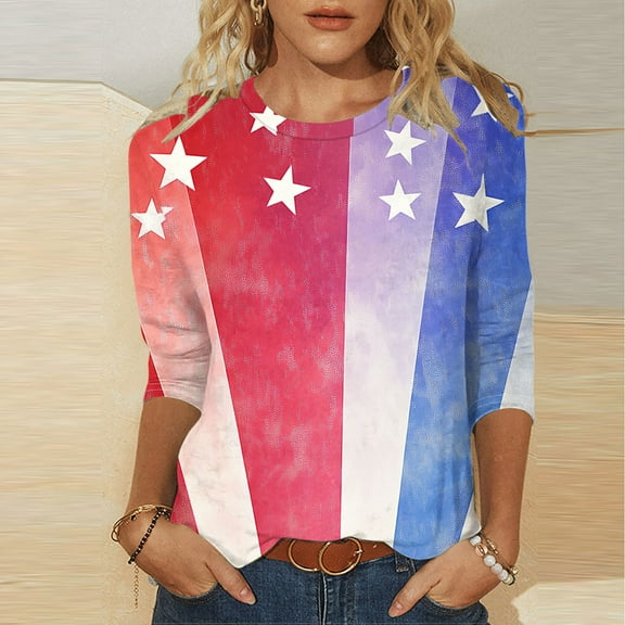 VKOYWKM American Flag Shirt Women 4th of July Red White and Blue Print T Shirts 3/4 Sleeve Patriotic Tunic Tops Loose Fit Crew Neck Memorial Day Blouse