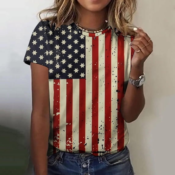 VKOYWKM American Flag Shirts for Women 4th of July Independence Day Star Striped Graphic Tees Patriotic Crew Neck Short Sleeve Holiday T-Shirts Tops
