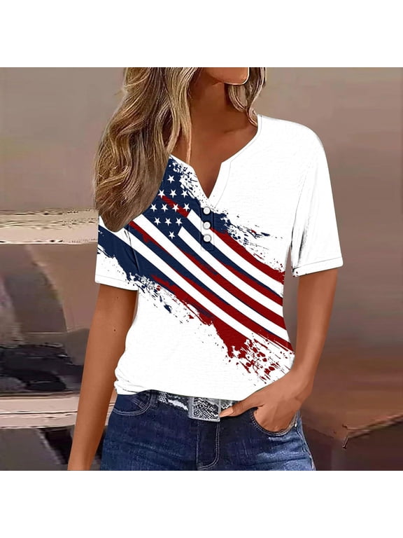 American Flag T Shirt Women 4th of July Henley Shirts Independence Day Graphic T Shirts Short Sleeve Casual Button V Neck Patriotic Tee Tops