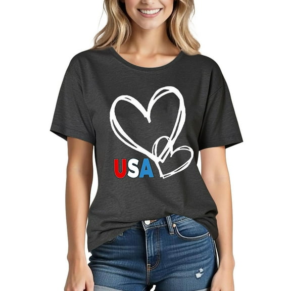 VKOYWKM American Flag T-Shirts for Women Oversized Short Sleeve Summer Tops 4th of July USA Flag Heart Print Tees Patriotic Crew Neck Independence Day T Shirts