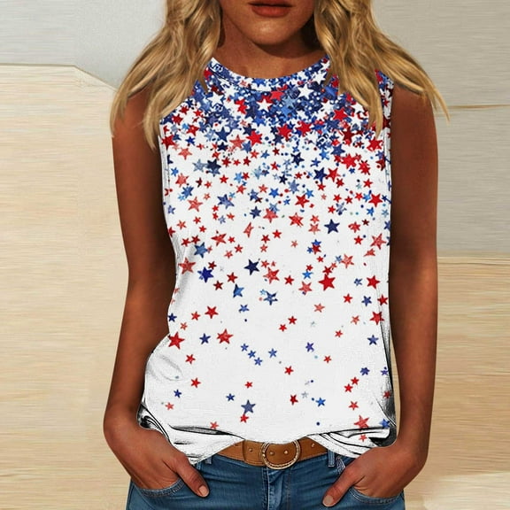VKOYWKM American Flag Tank Tops Women 4th of July Patriotic Tank Shirts Independence Day Star Stripe Graphic Tanks Crew Neck Loose Red White and Blue Shirts