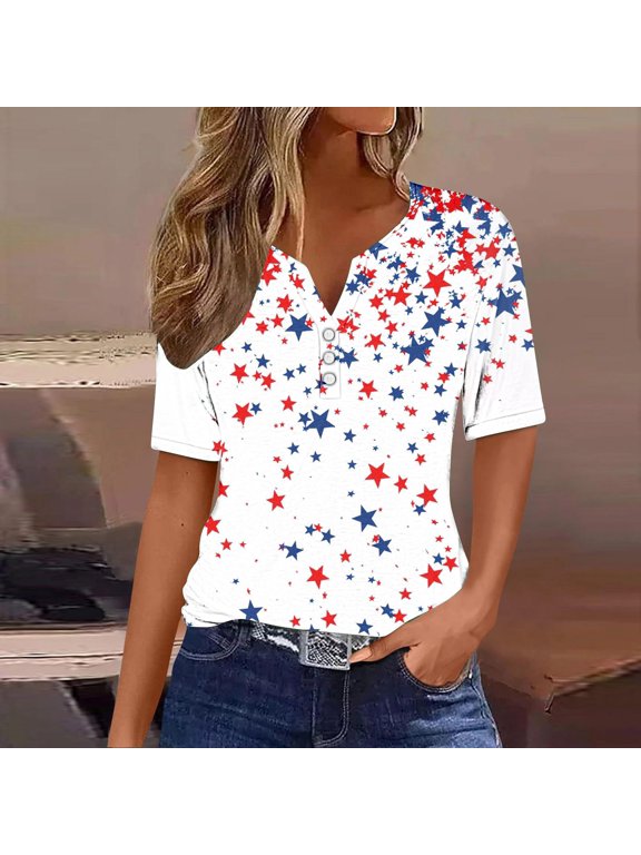 American Flag Tshirts Shirts for Women Independence Day Star Stripe Graphic Tees Henley Shirts Patriotic Button V Neck 4th of July T Shirts Casual Short Sleeve Womens Tops