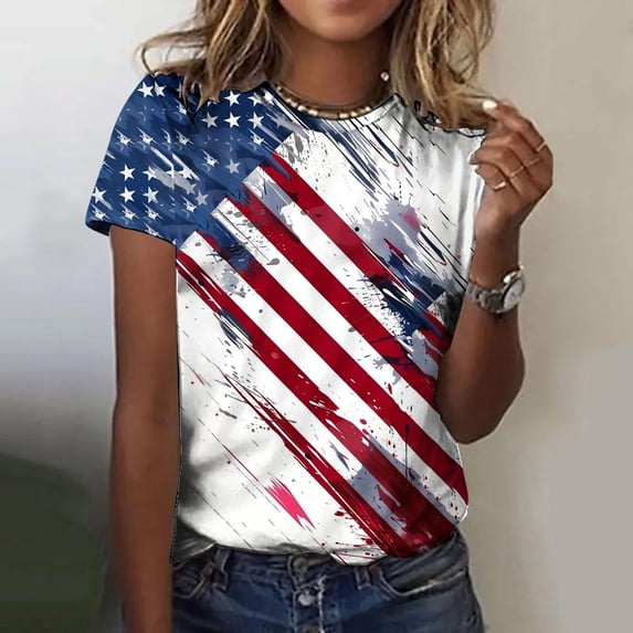 VKOYWKM American Flag Tshirts Shirts for Women Short Sleeve Patriotic Top 4th of July USA Flag Stars and Stripes Graphic Tee Holiday Crew Neck Independence Day T-Shirts