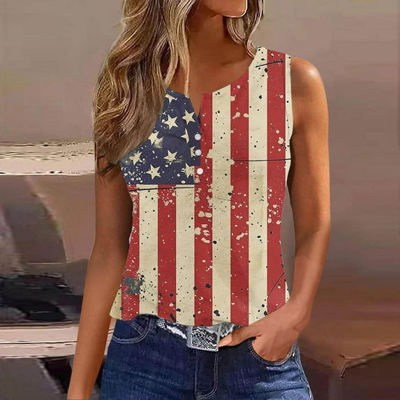 VKOYWKM Athletic Tank Tops for Women American Flag Sleeveless Henley Shirt Graphic Tank Shirts Patriotic 4th of July Tanks Button V Neck Red White and Blue Tops