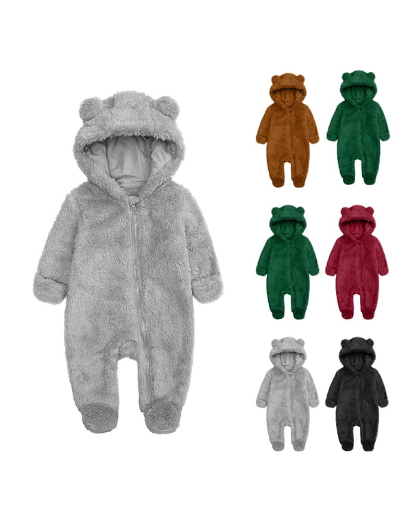 Baby Winter Clothes Newborn Girl Fuzzy Fleece Romper Hooded Bodysuit Jumpsuit Zipped Unisex Infant Onesies