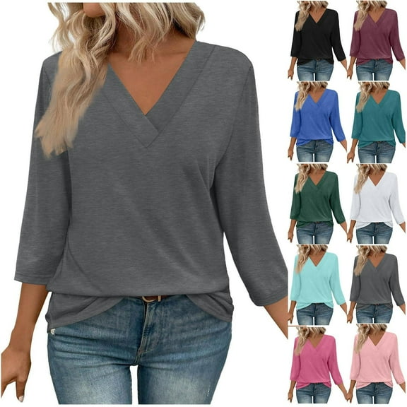 VKOYWKM Blouses for Women Dressy Casual 3/4 Sleeve Summer Tops V Neck Loose Fit Summer Shirts Business Work Tunic Tops