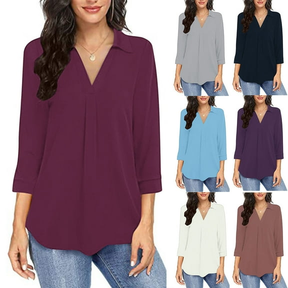 VKOYWKM Blouses for Women Dressy Casual 3/4 Sleeve Tunic Tops Pleated Collar V Neck Summer Shirts Business Casual Work Top
