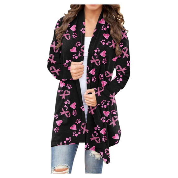 VKOYWKM Breast Cancer Awareness Cardigans for Women Pink Ribbon Pirnt Long Sleeve Open Front Crdigan Light Weight Shawl Collar Draped Cardigan Outerwear