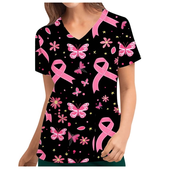 VKOYWKM Breast Cancer Awareness Scrubs for Women Pink Ribbon Scrub Tops Nurse Uniforms Inspirational Short Sleeve V Neck Working Uniforms with Pockets
