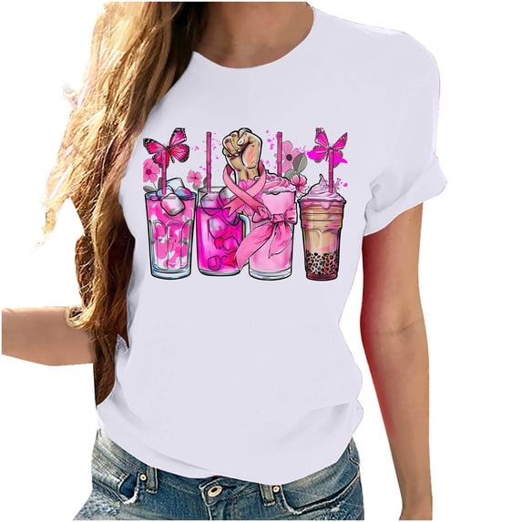 VKOYWKM Breast Cancer Awareness Shirt for Women Inspirational Short Sleeve Tops Pink Ribbon Graphic T Shirts Fight Cancer Shirts Casual Crew Neck Cancer Breast Cancer Tshirts