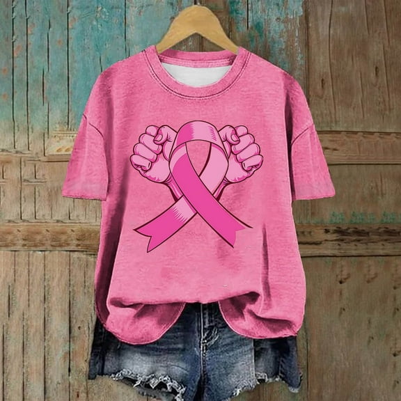 VKOYWKM Breast Cancer Awareness Shirts Women Breast Cancer Pink Ribbon T-Shirt Cancers Awareness Crew Neck Inspirational Short Sleeve Tees