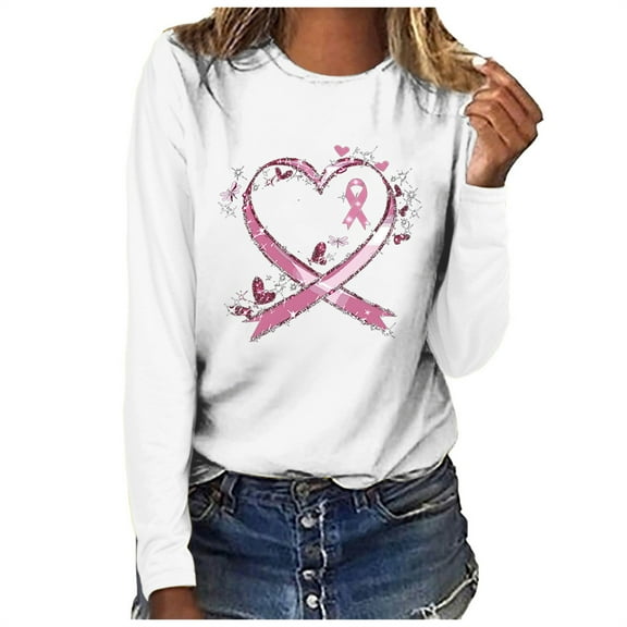 VKOYWKM Breast Cancer Awareness Shirts for Women Pink Ribbon Graphic Fall Tops Breast Cancer Long Sleeve Shirt Casual Crew Neck T-Shirts(Black,White,Blue,Green,Gray,Yellow)