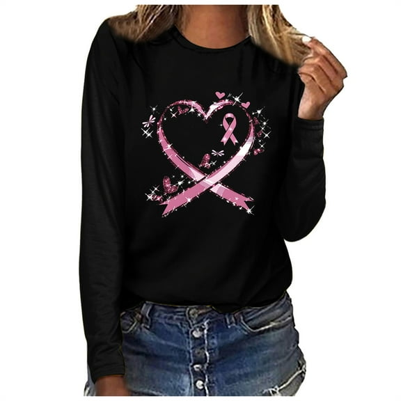 VKOYWKM Breast Cancer Awareness Shirts for Women Pink Ribbon Graphic Fall Tops Breast Cancer Long Sleeve Shirt Casual Crew Neck T-Shirts(Black,White,Blue,Green,Gray,Yellow)