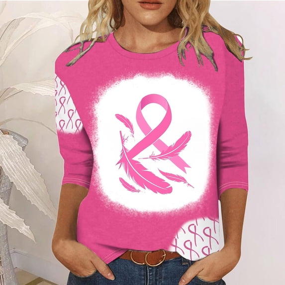 VKOYWKM Breast Cancer Awareness Shirts for Women 3/4 Sleeve Tops Pink Ribbon Graphic Tee Casual Crew Neck Breast Cancer Survivor Tshirt