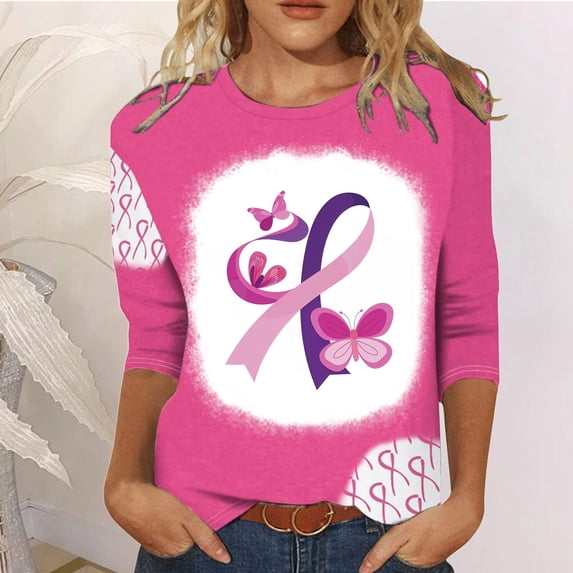 VKOYWKM Breast Cancer Awareness Shirts for Women 3/4 Sleeve Tops Pink Ribbon Graphic Tee Casual Crew Neck Breast Cancer Survivor Tshirt