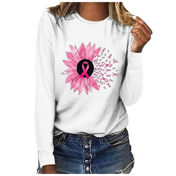 VKOYWKM Breast Cancer Awareness Shirts for Women Pink Ribbon Graphic T Shirts Long Sleeve Fall Tops Fight Cancer Crew Neck Cancer Survivor Blouses