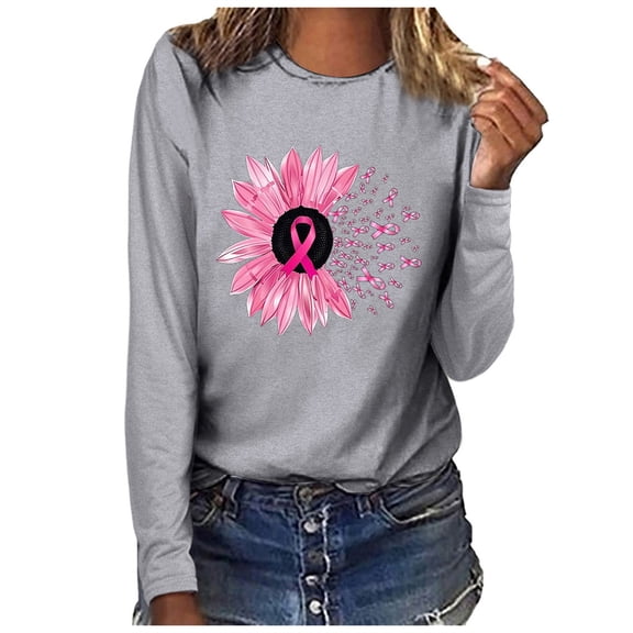 VKOYWKM Breast Cancer Awareness Shirts for Women Pink Ribbon Graphic T Shirts Long Sleeve Fall Tops Fight Cancer Crew Neck Cancer Survivor Blouses