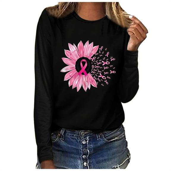 VKOYWKM Breast Cancer Awareness Shirts for Women Pink Ribbon Graphic T Shirts Long Sleeve Fall Tops Fight Cancer Crew Neck Cancer Survivor Blouses