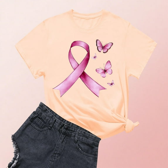 VKOYWKM Breast Cancer Awareness Shirts for Women Short Sleeve T-Shirt Pink Ribbon Print Breast Cancer Shirt Loose Crew Neck Cancer T Shirts