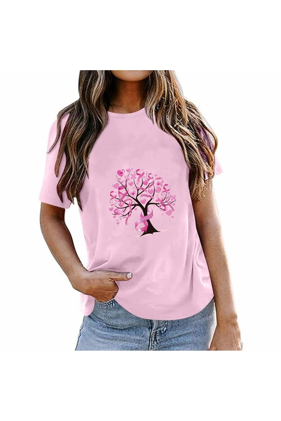 Breast Cancer Awareness T Shirts Women Breast Cancer Pink Ribbon Graphic Tees Short Sleeve Inspirational Tops Crew Neck Loose Fight Cancer TshirT-Shirts
