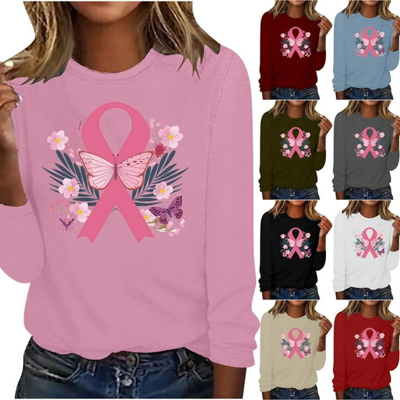 VKOYWKM Breast Cancer Awareness Tee Shirts Women Breast Cancer Pink Ribbon T-Shirt Long Sleeve Crew Neck Breast Cancer Tops Fall Cancer Survivor Shirt
