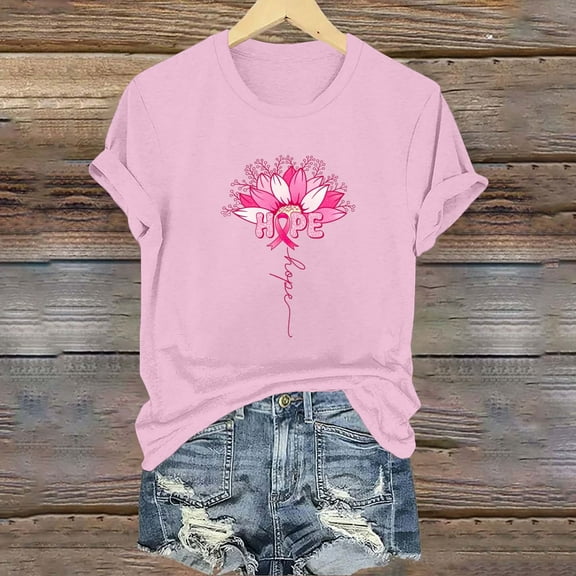 VKOYWKM Breast Cancer Awareness Tees for Women Breast Cancer Pink Ribbon Graphic Print T Shirts Short Sleeve Inspirational Tops Breast Cancer Crew Neck Shirt