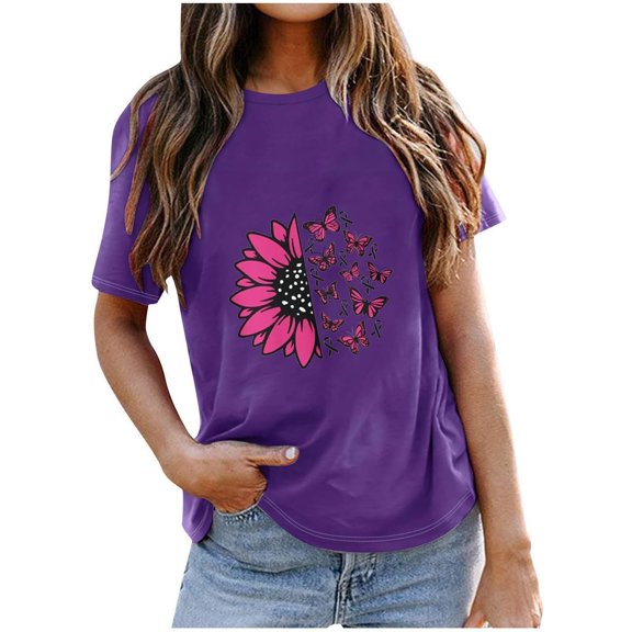 VKOYWKM Breast Cancer Awareness Tshirts Women Inspirational Short Sleeve Tops Pink Ribbon Graphic T Shirts Fight Cancer Shirts Casual Crew Neck Cancer Breast Cancer T-Shirts