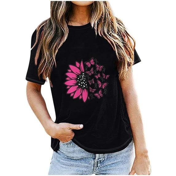 VKOYWKM Breast Cancer Awareness Tshirts Women Inspirational Short Sleeve Tops Pink Ribbon Graphic T Shirts Fight Cancer Shirts Casual Crew Neck Cancer Breast Cancer T-Shirts