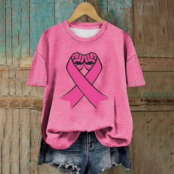 VKOYWKM Breast Cancer Shirts Women Breast Cancer Awareness Tshirt Pink Ribbon T-Shirts Inspirational Breast Cancer Crew Neck Short Sleeve Tee Tops