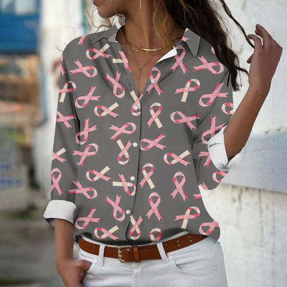 VKOYWKM Breast Cancer Shirts for Women Long Sleeve Button Down Shirt Pink Ribbon Graphic Tees Blouses Dressy Casual Work Tops Fall Breast Cancer Survivor Shirts