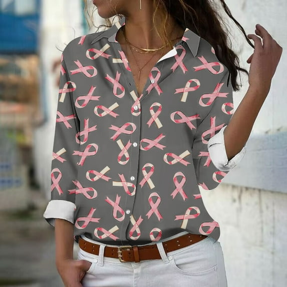 VKOYWKM Breast Cancer Shirts for Women Long Sleeve Button Down Shirt Pink Ribbon Graphic Tees Blouses Dressy Casual Work Tops Fall Breast Cancer Survivor Shirts
