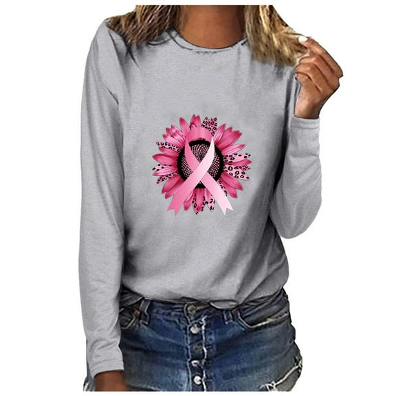 VKOYWKM Breast Cancer Shirts for Women Breast Cancer Awareness T-Shirt Long Sleeve Pink Ribbon Graphic Tees Crew Neck Breast Cancer Top Blouses
