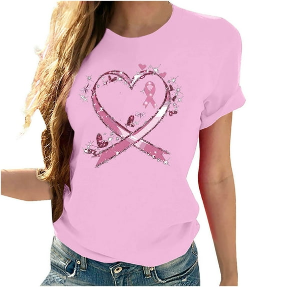 VKOYWKM Breast Cancer Shirts for Women Breast Short Sleeve T-Shirts Pink Ribbon Graphic Breast Cancer Awareness Shirt Breast Cancer Survivor T Shirts