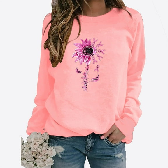 VKOYWKM Breast Cancer Shirts for Women Pink Breast Cancer Awareness Tshirt Long Sleeve Shirt Pink Ribbon Graphic Crew Neck Sweatshirt Tops