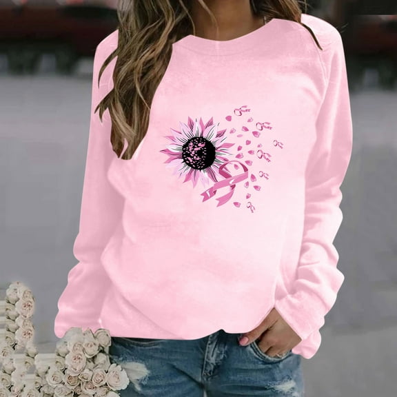 VKOYWKM Breast Cancer Shirts for Women Pink Breast Cancer Awareness Tshirt Long Sleeve Shirt Pink Ribbon Graphic Crew Neck Sweatshirt Tops