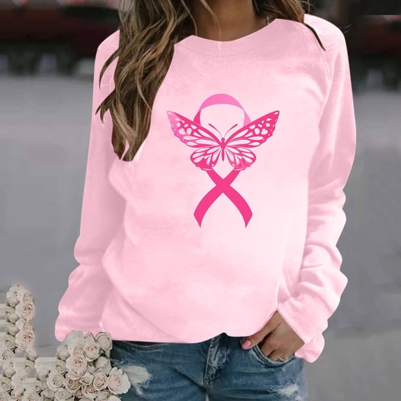 VKOYWKM Breast Cancer Shirts for Women Pink Breast Cancer Awareness Tshirt Long Sleeve Shirt Pink Ribbon Graphic Crew Neck Sweatshirt Tops