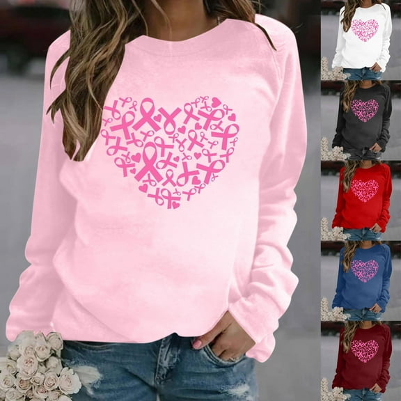 VKOYWKM Breast Cancer Survivor T Shirts for Women Breast Cancer Awareness T Shirt Long Sleeve Pink Ribbon Print Shirt Crew Neck Loose Fit Cancer Awareness Tee Tops