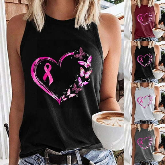 VKOYWKM Breast Cancer Survivor Tank Tops for Women Pink Ribbon Print Breast Cancer Awareness Tank Top Sleeveless Crew Neck Fight Cancer Shirts Vest Tops