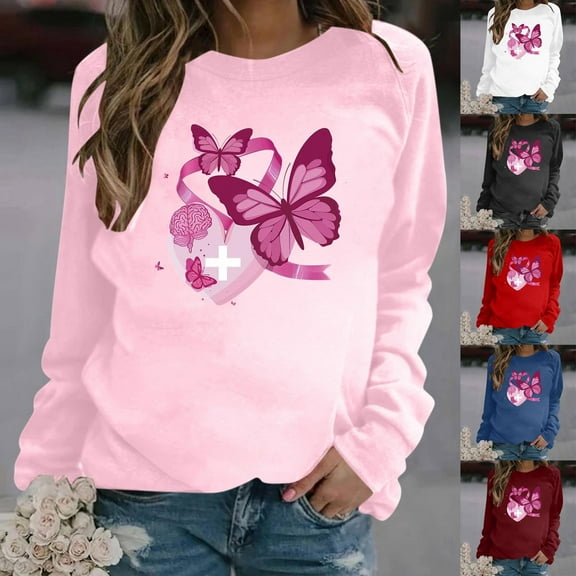 VKOYWKM Breast Cancer T Shirt for Women Breast Cancer Awareness T-Shirt Long Sleeve Pink Ribbon Graphic Tee Tops Fall Crew Neck Loose Fit Breast Cancer Pullover Sweashirt