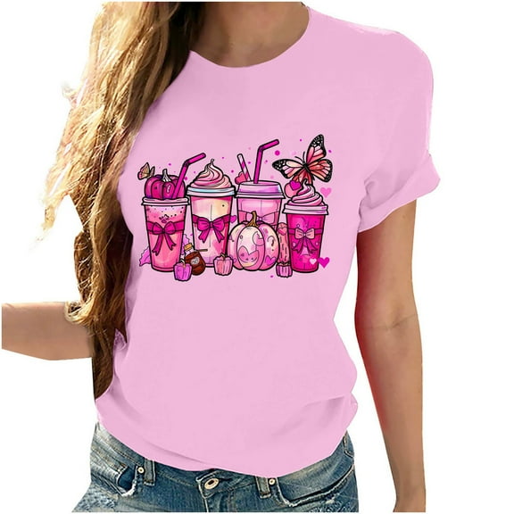 VKOYWKM Breast Cancer T-Shirts Women Pink Ribbon Graphic Tees Breast Cancer Awareness T-Shirt Inspirational Breast Cancer Crew Neck Short Sleeve Tee Tops