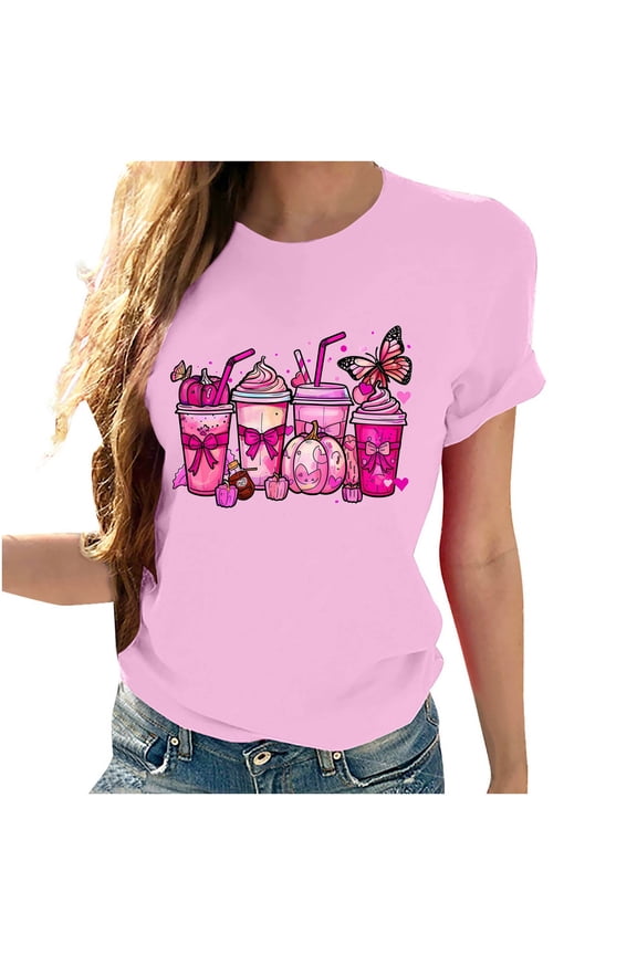 Breast Cancer T-Shirts Women Pink Ribbon Graphic Tees Breast Cancer Awareness T-Shirt Inspirational Breast Cancer Crew Neck Short Sleeve Tee Tops