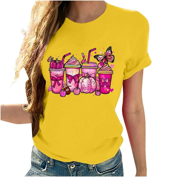 VKOYWKM Breast Cancer T-Shirts Women Pink Ribbon Graphic Tees Breast Cancer Awareness T-Shirt Inspirational Breast Cancer Crew Neck Short Sleeve Tee Tops